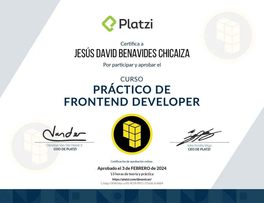 Diploma de Platzi que certifica a Jesús David Benavides Chicaiza por aprobar «Curso Práctico de Frontend Developer» el 2 de febrero de 2024.