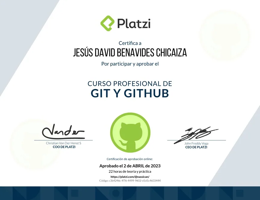 Diploma de Platzi que certifica a Jesús David Benavides Chicaiza por aprobar «Curso Profesional de Git y GitHub» el 2 de abril de 2023.